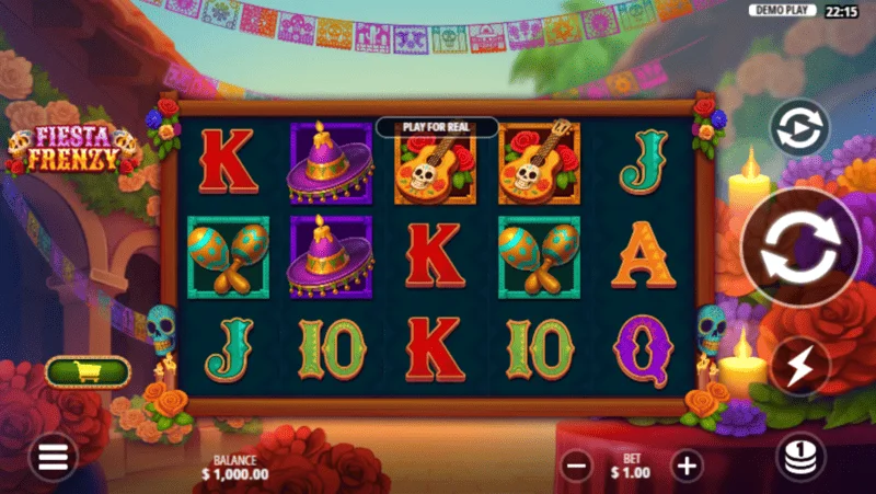 Fiesta Frenzy - écran de jeu avec rouleaux et iconographie mexicaine